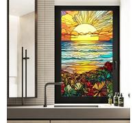 WBQMUNY Sunrise Painted Frosted Static Cling Decorative Window Film,Non Adhesive Privacy Film,Stained Glass Window Film for Bathroom Shower Door Heat Anti UV 17.7"x39.5" (BL146)