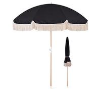 WBQYIPD Wooden Tilted Garden Umbrella, 6.6ft Portable Outdoor Tassel Umbrella UPF50+ Sun Protection Parasol for Patio Beach