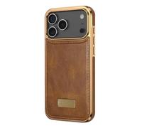 WBRSybUK Leather Case For IPhone 17/17 Air/17 Pro/17 Pro Max, Plating Edge Retro Oil Wax Pattern Shockproof Case, Magnetic Protection Cover(Brown,17 Pro Max)