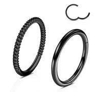 WBRWP 18G 12MM Black Septum Rings Hoops: 2 Pcs Twisted Nose Rings Hoops Clicker Surgical Steel Hinged Segment Rings Lip Tragus Helix Cartilage Daith Rook Conch Piercing Jewelry