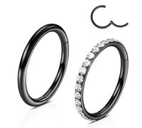 WBRWP 2 Pcs Black Hoop Nose Rings: 20G 10MM Clear CZ Diamond Nose Rings Surgical Steel Septum Clicker Hinged Segment Rings Lip Tragus Helix Cartilage Daith Rook Conch Piercing Jewelry