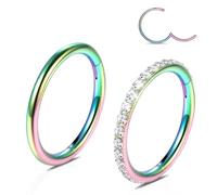 WBRWP 2 Pcs Rainbow Hoop Nose Rings: 16G 6MM Clear CZ Diamond Nose Rings Surgical Steel Septum Clicker Hinged Segment Rings Lip Tragus Helix Cartilage Daith Rook Conch Piercing Jewelry