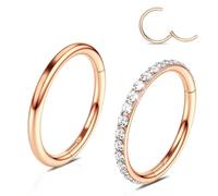 WBRWP 2 Pcs Rose Gold Hoop Nose Rings: 20G 12MM Clear CZ Diamond Nose Rings Surgical Steel Septum Clicker Hinged Segment Rings Lip Tragus Helix Cartilage Daith Rook Conch Piercing Jewelry