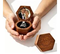 WBW Custom Wooden Ring Box with Personalized Photo, Text & Icon Engraving for Proposal, Engagement, Wedding & Anniversary (Hexagonal 3)