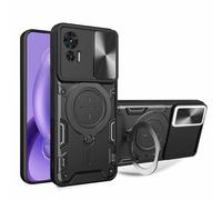 WBWONE Case for Motorola Moto Edge 30 Neo / 30 Lite, Shockproof TPU/PC Cover with Invisible Ring Holderand Sliding Camera Cover, Anti-Scratch Phone Shell, Black
