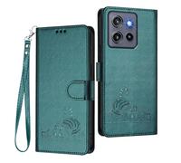 WBWONE Leather Case for Motorola Moto Edge 50 Neo Magnetic Wallet Cover RFID Shell, Card Slots/Stand Bumper Foldable Cat Pattern Design - Dark Green