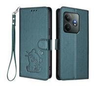 WBWONE Wallet Case for Realme GT 6 / Realme GT 6T, Magnetic Cover with Cute Cat Design, TPU Leather Shell, Shockproof Bumper, Stand & Card Slots - Dark Green