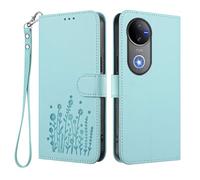 WBWONE Wallet Case for VIVO V50 5G, Premium Leather Cover with Elegant Floral Design, Magnetic Buckle Stand Shell & Shockproof Bumper - Light Green