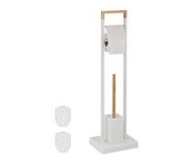 Relaxdays WC Set, Bamboo, Stainless Steel, Free-Standing, 2 Spare Heads, Toilet Roll & Brush Holder, White/Natural, 77 x 23 x 18 cm