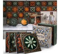 WCANSucess 12pcs Green and Orange Tile Stickers, Kitchen Bathroom Wall Tile Stickers Peel and Stick on Tile Transfers Covers Decals Self Adhesive Waterproof Decor (15cm x 15cm, 5.9x5.9 inches)