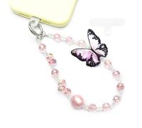 WCCH Beaded Phone Charm Wrist Strap, Detachable Anti-Theft Wrist Lanyard with Tether Tab, Hands-Free Butterfly Phone Chain Wristlet Strap for Women Pink