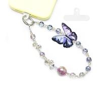 WCCH Beaded Phone Charm Wrist Strap, Detachable Anti-Theft Wrist Lanyard with Tether Tab, Hands-Free Butterfly Phone Chain Wristlet Strap for Women Blue Pink