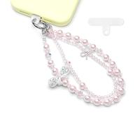 WCCH Beaded Phone Charm Wrist Strap, Detachable Anti-Theft Wrist Lanyard with Tether Tab, Hands-Free Phone Chain Wristlet Strap for Women Sparkling bow Light Pink