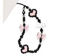WCCH Beaded Phone Charm Y2K Kawaii Handmade Acrylic Phone Lanyard Wrist Strap for Camera Bag Airpods Keychain Charm Pink Black Heart and Bow
