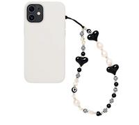 WCCH Beaded Phone Charm Y2K Kawaii Handmade Acrylic Phone Lanyard Wrist Strap for Camera Bag Airpods Keychain Charm Black Heart with White Pearls
