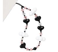 WCCH Beaded Phone Charm Y2K Kawaii Handmade Acrylic Phone Lanyard Wrist Strap for Camera Bag Airpods Keychain Charm Black Heart and White Cloud