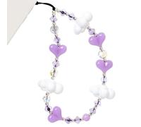 WCCH Beaded Phone Charm Y2K Kawaii Handmade Acrylic Phone Lanyard Wrist Strap for Camera Bag Airpods Keychain Charm Purple Heart with White Clouds