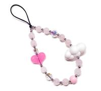 WCCH Short Beaded Phone Charm Handmade Y2K Kawaii Acrylic Phone Lanyard Wrist Strap for Bag Airpods Camera Pendants Decor Pink Heart Cloud
