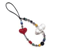 WCCH Short Beaded Phone Charm Handmade Y2K Kawaii Acrylic Phone Lanyard Wrist Strap for Bag Airpods Camera Pendants Decor Red Heart Cloud