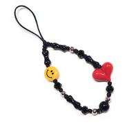 WCCH Short Beaded Phone Charm Handmade Y2K Kawaii Acrylic Phone Lanyard Wrist Strap for Bag Airpods Camera Pendants Decor Black Smiley Red Heart