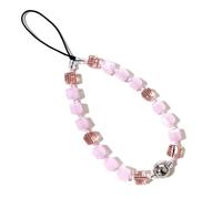 WCCH Short Beaded Phone Charm Handmade Y2K Kawaii Acrylic Phone Lanyard Wrist Strap for Bag Airpods Camera Pendants Decor Pink Square Crystal