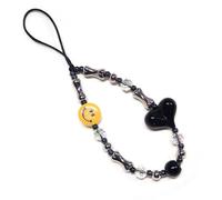 WCCH Short Beaded Phone Charm Handmade Y2K Kawaii Acrylic Phone Lanyard Wrist Strap for Bag Airpods Camera Pendants Decor Silver Smiley Black Heart