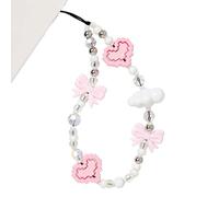 WCCH Y2K Pink Pixel Heart Bow Beaded Phone Charm Aesthetic Handmade Acrylic Wrist Strap Camera Lanyard for Women Girls