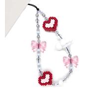 WCCH Y2K Red Pink Pixel Heart Bow Beaded Phone Charm Aesthetic Handmade Acrylic Wrist Strap Camera Lanyard for Women Girls