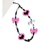 WCCH Y2K Rose Black Pixel Heart Bow Beaded Phone Charm Aesthetic Handmade Acrylic Wrist Strap Camera Lanyard for Women Girls