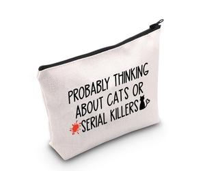 WCGXKO True Crime Addict Probably Thinking About Cats Or Serial Killers Zipper Pouch Makeup Bag (B-CatsSerialKillers), beige, Beige, B-catsserialkillers