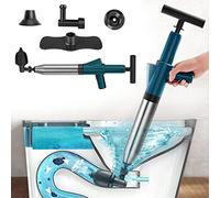 WCIC High Pressure Toilet Plunger & Drain Unblocker Kit with Visual Barometer & 4 Replaceable Heads - Heavy Duty for Blocked Toilets, Sinks, Baths, Showers, Floor Drains & Pipes (Blue)