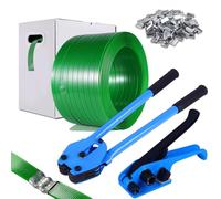 WCM Strapping Pallet Strapping Kit, Banding Kit, Packaging Strapping Tool with 16mm x 300m Heavy-Duty Polyester Strapping Coil Roll, 100 Metal Buckles and Dispenser Box - Certified 540kg Break