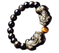 WCOCOW Feng Shui Wealth Bracelet Natural Gold Obsidian Bracelet Double Pixiu Pi Yao Bracelet Yellow Tiger Eye Talisman Stretchy Beaded Bracelet for Prosperity Money Good Luck Unisex,10MM