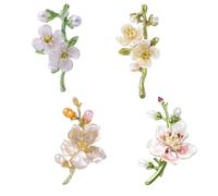 WCRAZYE 2-4PCS Pearl Flower Brooches Pin for Women Elegant Peach Blossom Sakura Green Leaf Lapel Pins Wedding Party Prom Fashion Jewelry, M, Metal, cubic zirconia