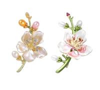 WCRAZYE 2-4PCS Pearl Flower Brooches Pin for Women Elegant Peach Blossom Sakura Green Leaf Lapel Pins Wedding Party Prom Fashion Jewelry, M, Metal, cubic zirconia