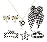 WCRAZYE Black White Check Heart Jewelry Hair Accessories Set for Women, L