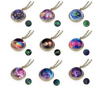 WCRAZYE Planet Necklace for Men Women Handmade Boho Glow in Dark Double Side Glass Crystal 3D Ball Galaxy Universe Saturn Earth Space Celestial Astrology Themed Pendant Necklace Jewelry Gifts, mediun