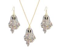 WCRAZYE Rhinestone Ghost Jewelry Set for Women Ghost Dangle Earrings Pendant Necklace Halloween Sparkly Crystal Ghost Costume Accessories