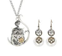 WCRAZYE Steampunk Gears Earrings Pendant Necklace for Women Men Handmade Punk Vintage Owl Butterfly Wing Clock Gear Earrings Halloween Jewelry Gifts, M, Alloy Steel, No Gemstone