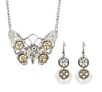 WCRAZYE Steampunk Gears Earrings Pendant Necklace for Women Men Handmade Punk Vintage Owl Butterfly Wing Clock Gear Earrings Halloween Jewelry Gifts, M, Alloy Steel, No Gemstone