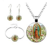 WCRAZYE Virgin Mary Earrings Necklace Bracelet Set for Men Women Unique Christian Religious Medal Medallion Our Lady Of Guadalupe Virgin Mary Necklace Christmas Jewelry Gifts, L, Zinc, No Gemstone