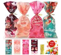 WD&CD 100 PCS Valentine's Day Treat Candy Bags, Valentine's Day Clear Gift Bags Candy Goodies Bags Valentine's Day Treat Bags Lover Wedding Party Favor Supplies, B
