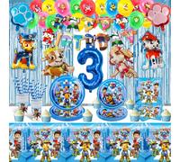 WD2. 90PCs Dog Supplies Set with Party Balloons, Tableware, Reusable Birthday Party Paper Plates, Cups, Napkins, Tablecloth Sets for 20 Guests