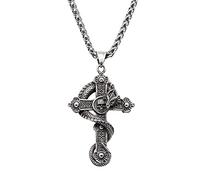 WDBAYXH Men's Gothic Punk Dragon Skull Cross Pendant Necklace, Biker Old Silver Stainless Steel Carved Prayer Charm with 2 Pcs Chain, Personality Ouroboros Talisman Jewelry,60CM