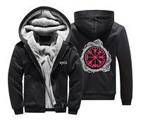 WDBAYXH Norse Celtic Dragon Vegvisir Thick Fleece Zip Hoodie, Viking Compass Warm Sweatshirt, Celtic Pagan Jacket Streetwear,Black,XL