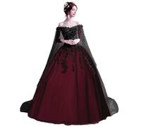 WDBFY Off Shoulder Quinceanera Dresses with Cape Puffy Tulle Masquerade Ball Gowns 3D Flowers Gothic Wedding Dress, Burgundy and Black, 26