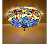 WDBZTJ Tiffany Dragonfly Flush Mount Ceiling Light Fixtures, Dimmable Stained Glass Shade LED Ceiling Lamp, Modern Retro Style Chandelier Pendan Lighting for Living Room Bedroom Hallway,Blue,50cm
