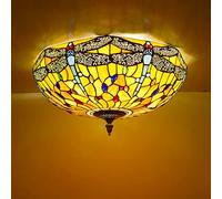 WDBZTJ Tiffany Dragonfly Flush Mount Ceiling Light Fixtures, Dimmable Stained Glass Shade LED Ceiling Lamp, Modern Retro Style Chandelier Pendan Lighting for Living Room Bedroom Hallway,Orange,40cm