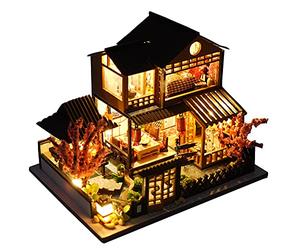WDC Miniature Wooden Dollhouse Japanese/Seaside/Auto Market DIY Doll House Kit Villa Building 3D Model Creative Gifts for Friend Parents (Japanese style villa),9.8*12.6*9.5 cm