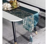 WDCDYQDH Table Runner Chinese Zen Classical Bronzing Wave Totem Polyester Cotton Tassel Vintage Dark Groen Dustproof Birthday Home Cover For Kitchen Decoration 33 * 160cm